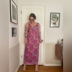 60s-70s Vintage Bullet Bra Psychedelic Print Maxi Dress w Corset Bust